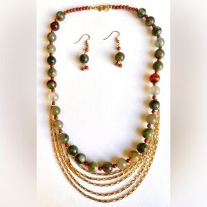 Green and Red Multi-Strand Necklace with Beads